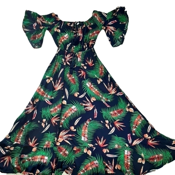 Maxi dress BOHO Floral Leaf Black navy green Off Shoulder Size S LABEL OF LOVE - Picture 8 of 14